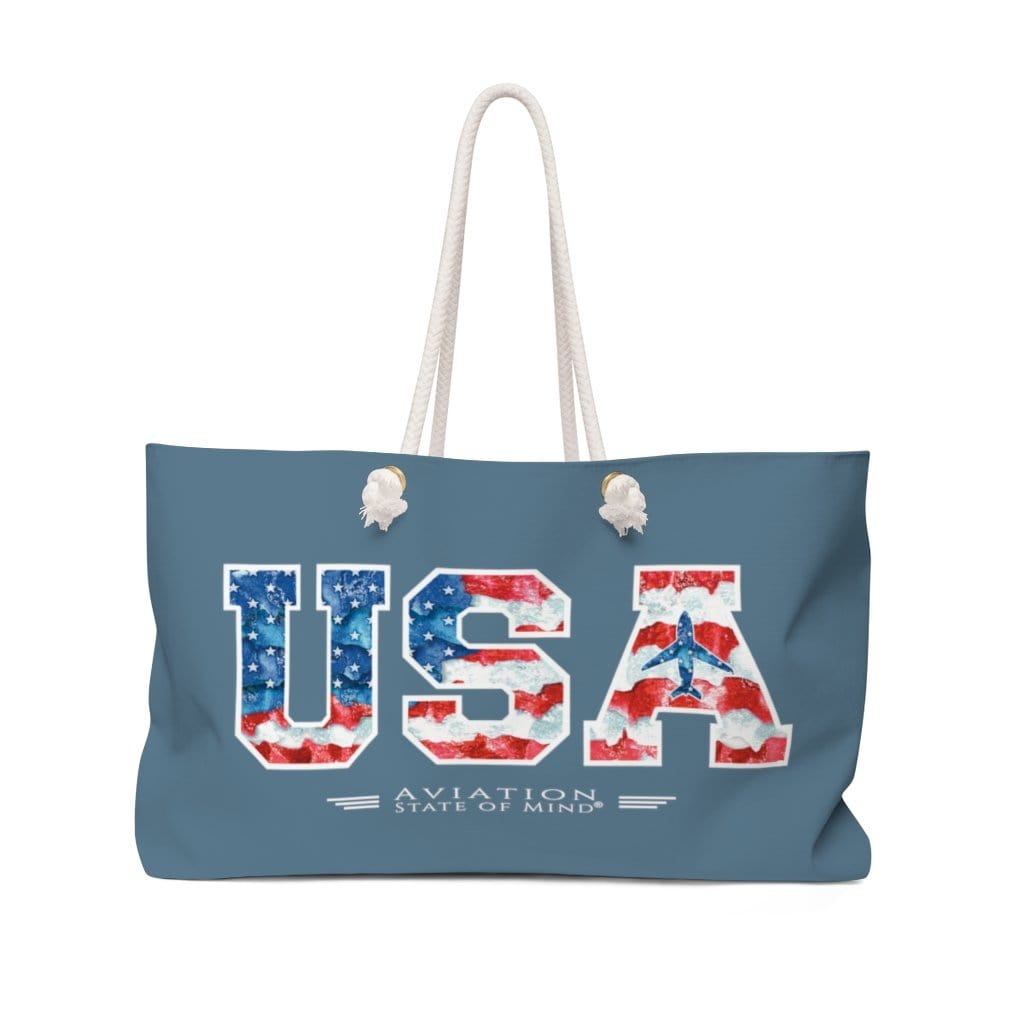 blue usa flag with airplane beach bag