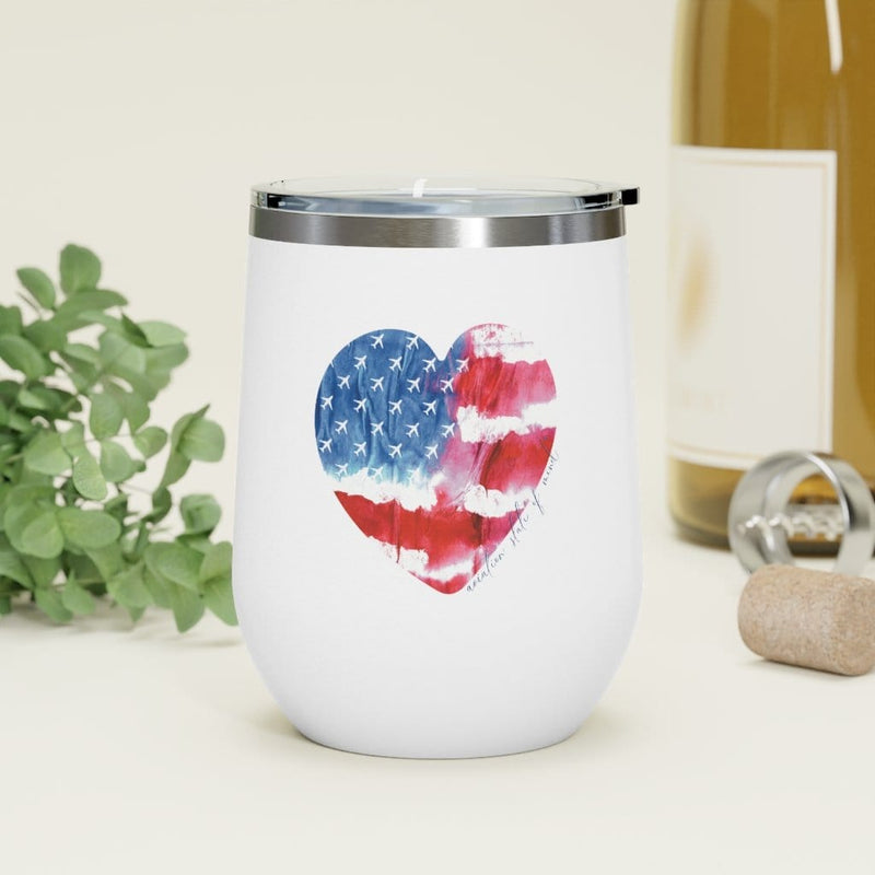 white wine tumbler with heart flag and airplanes