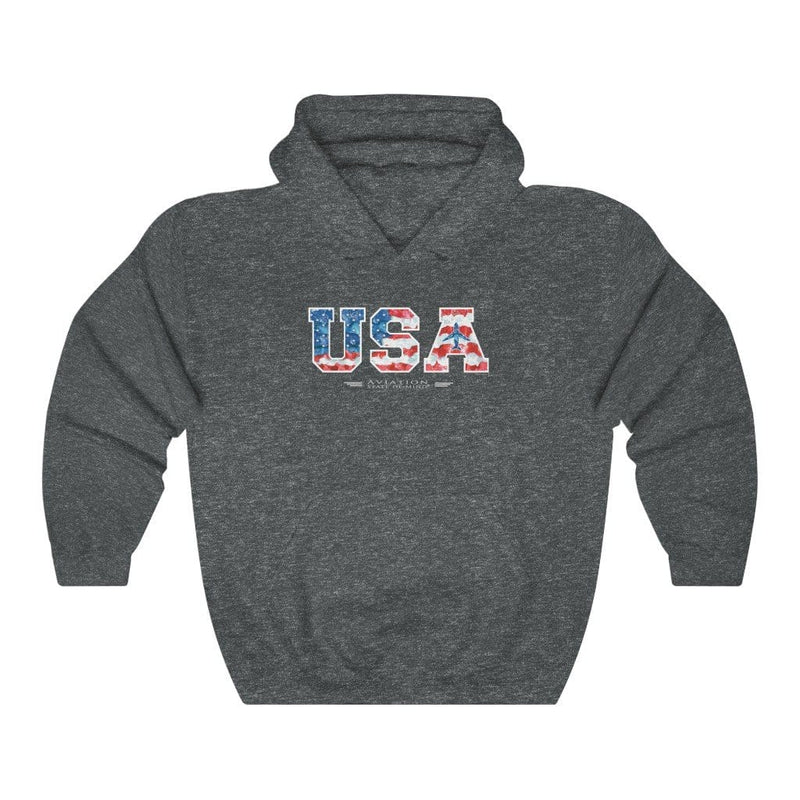 dark grey pilot hoodie with American flag and airplane