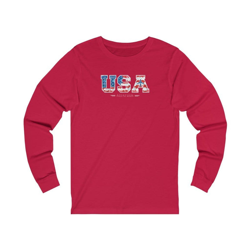 flight attendant t-shirt in red  with usa flag and airplane