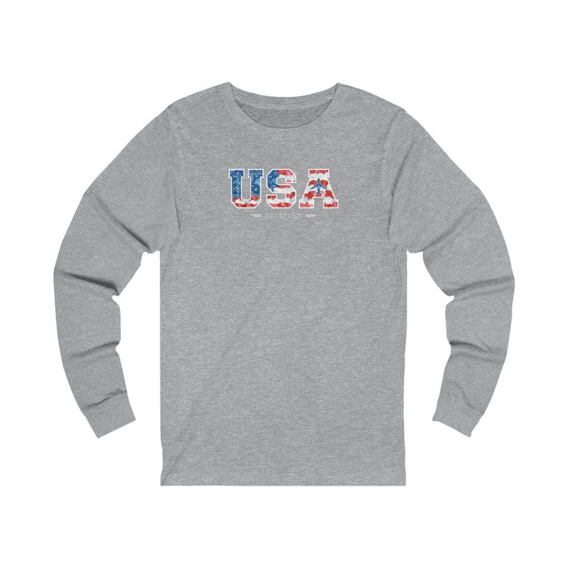 flight attendant t-shirt in heather grey with usa flag and airplane