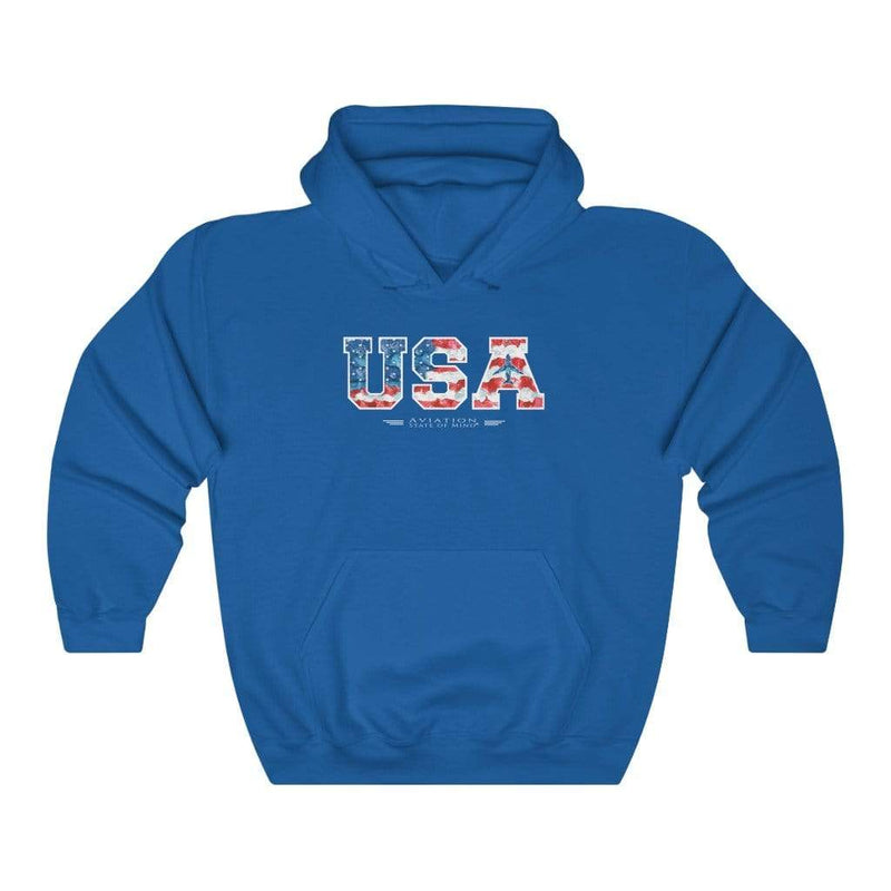 blue pilot hoodie with airplane and American flag