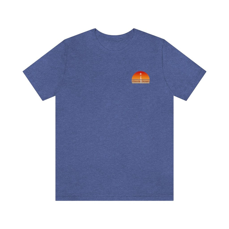 pilot t-shirt with airplane and sunset in royal blue