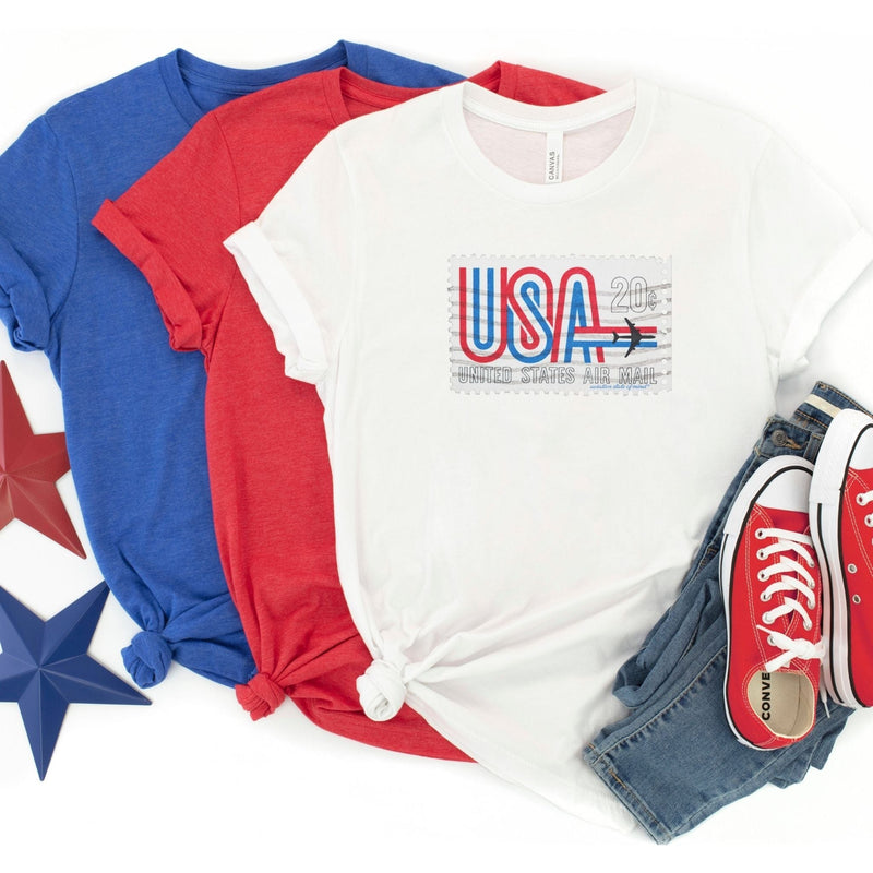 usa airmail t-shirt with airplane stamp in white, red, and blue