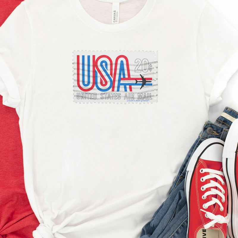 usa airmail t-shirt with airplane stamp in white