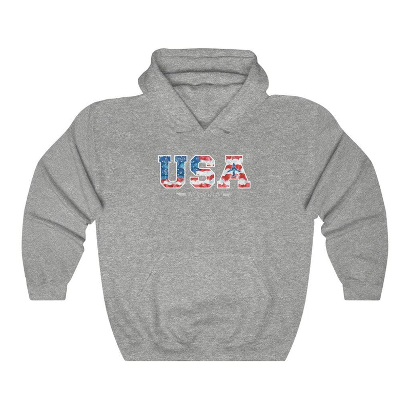 gray pilot hoodie with American flag and airplane