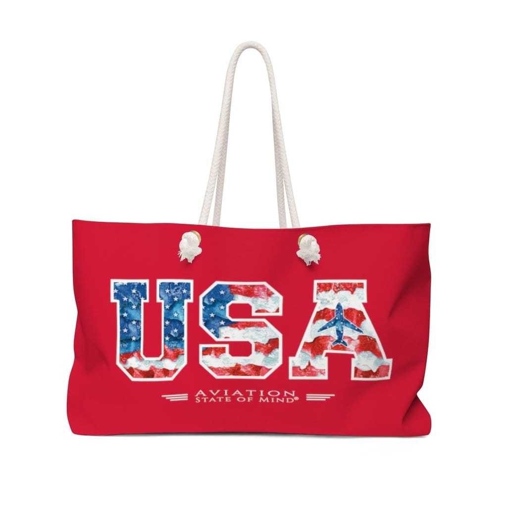 red flight attendant bag for the beach with usa flag and airplane