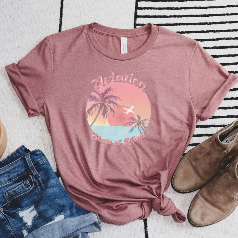 jean shorts pink tshirt w airplane sunset design