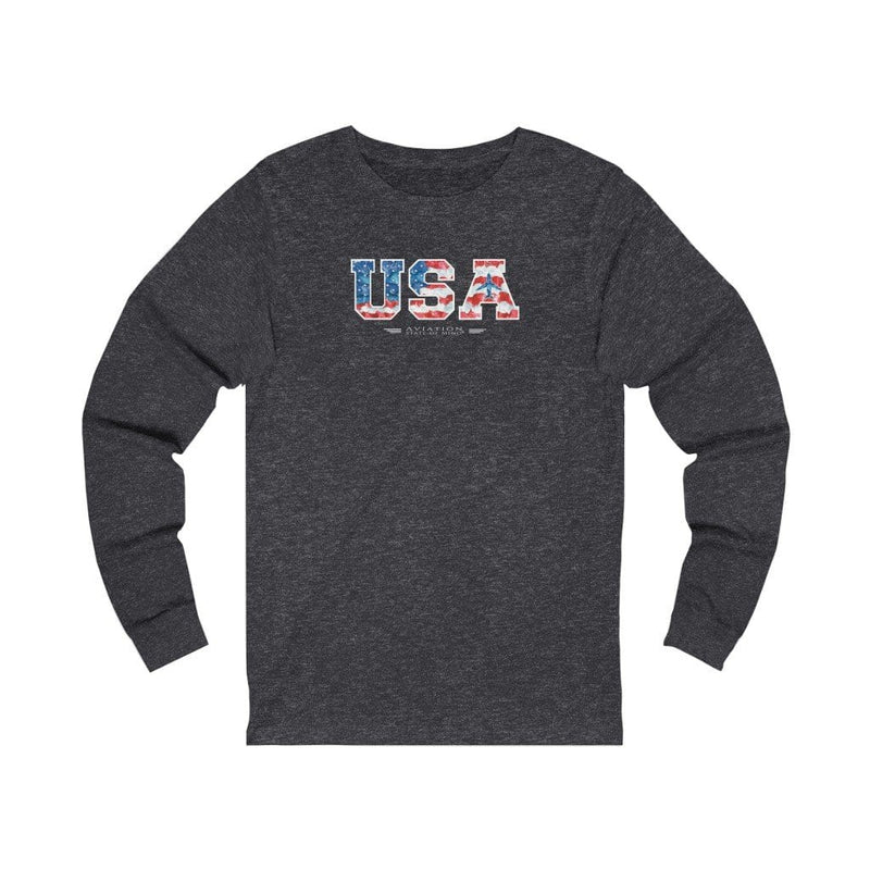 flight attendant t-shirt in deep heather with usa flag and airplane