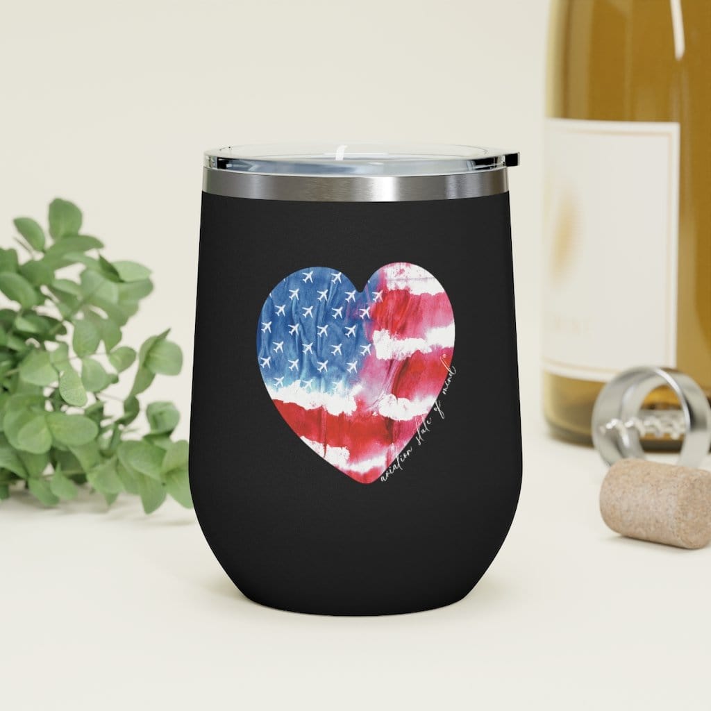 black wine tumbler with heart American flag and airplanes