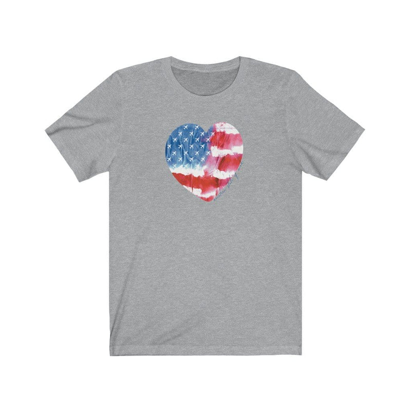 grey flight attendant t-shirt with heart American flag and airplanes