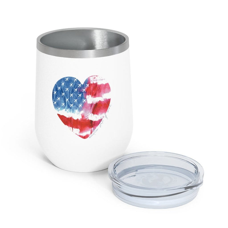 white wine tumbler and lid with heart American flag and airplanes