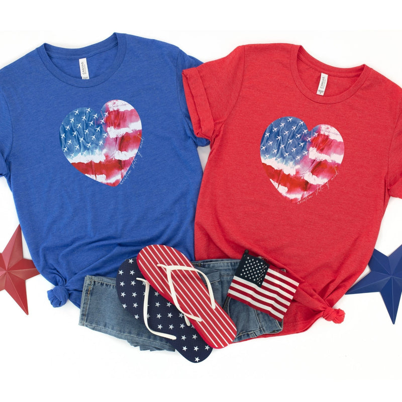 blue and red flight attendant t-shirt with heart American flag and airplanes