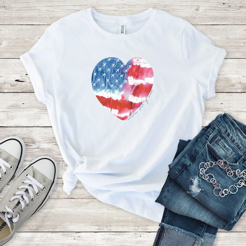 white flight attendant t-shirt with American flag and airplanes with converse shoes