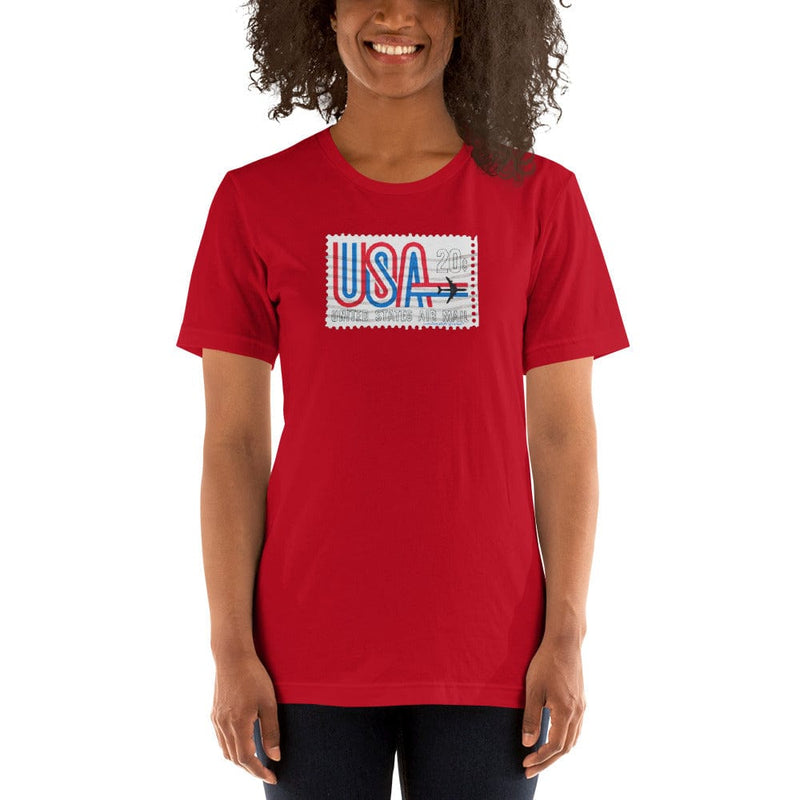 usa airmail t-shirt with airplane stamp in red