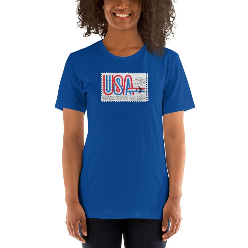 usa airmail t-shirt with airplane stamp in blue