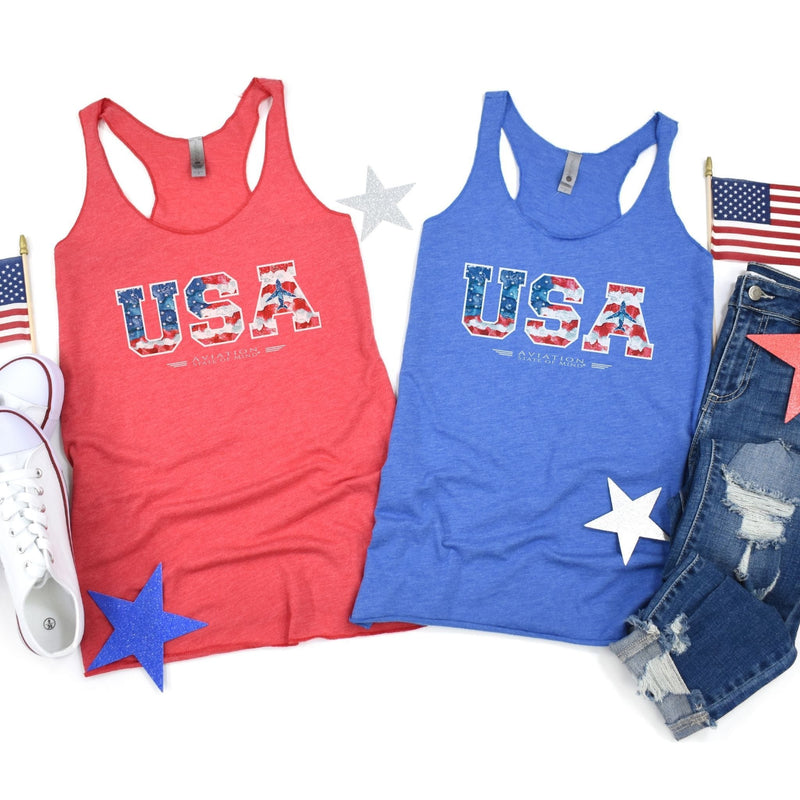 patriotic airplane tank top with American flags and USA