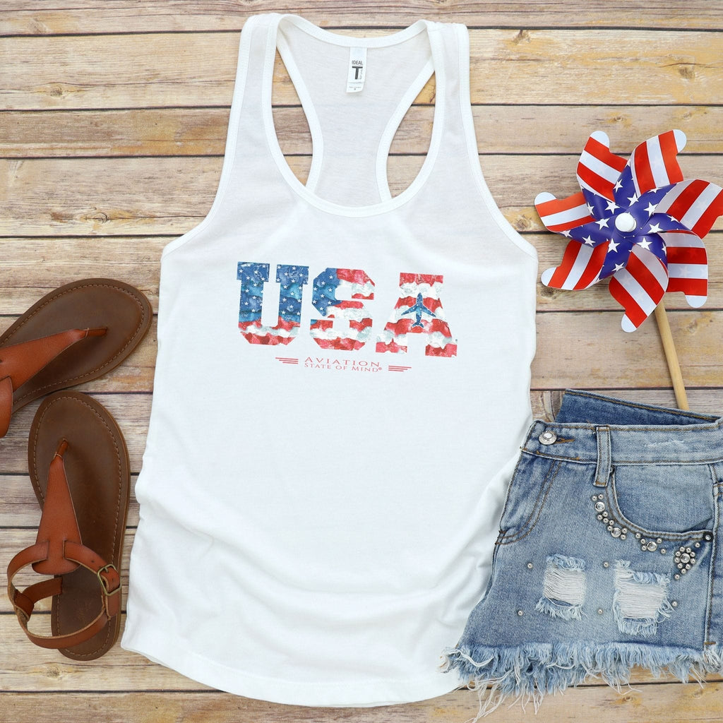 flight attendant tank top in white with American flag and airplane