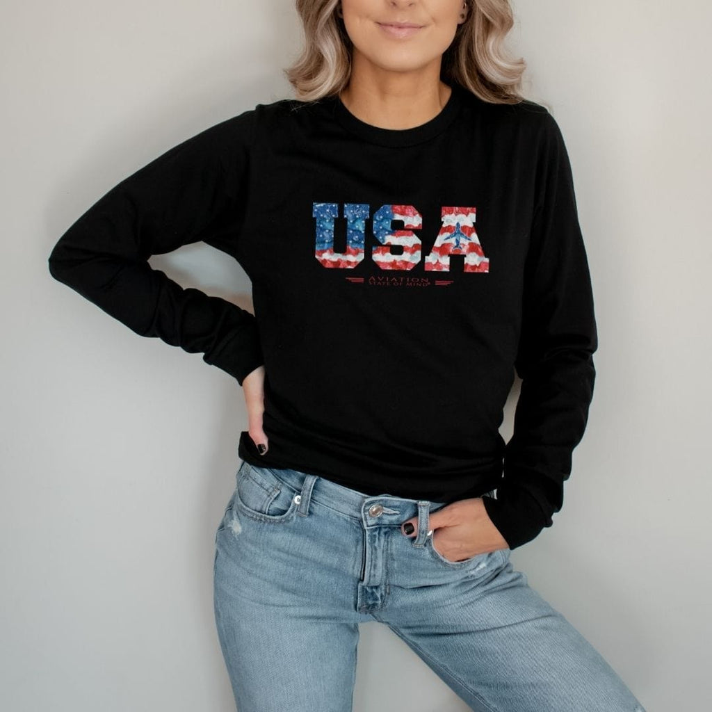 flight attendant t-shirt in black with usa flag and airplane