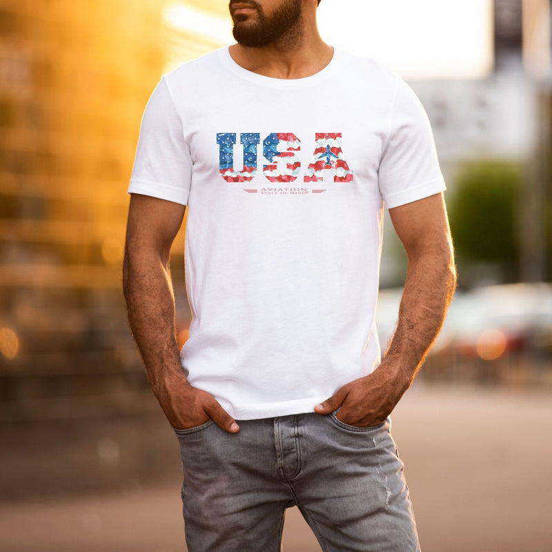 pilot wearing white usa flag and airplane t-shirt