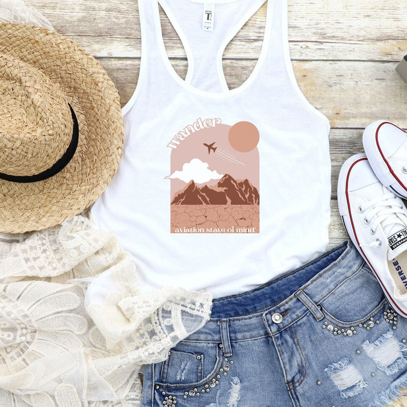 airplane tank top with desert scene in white with hat